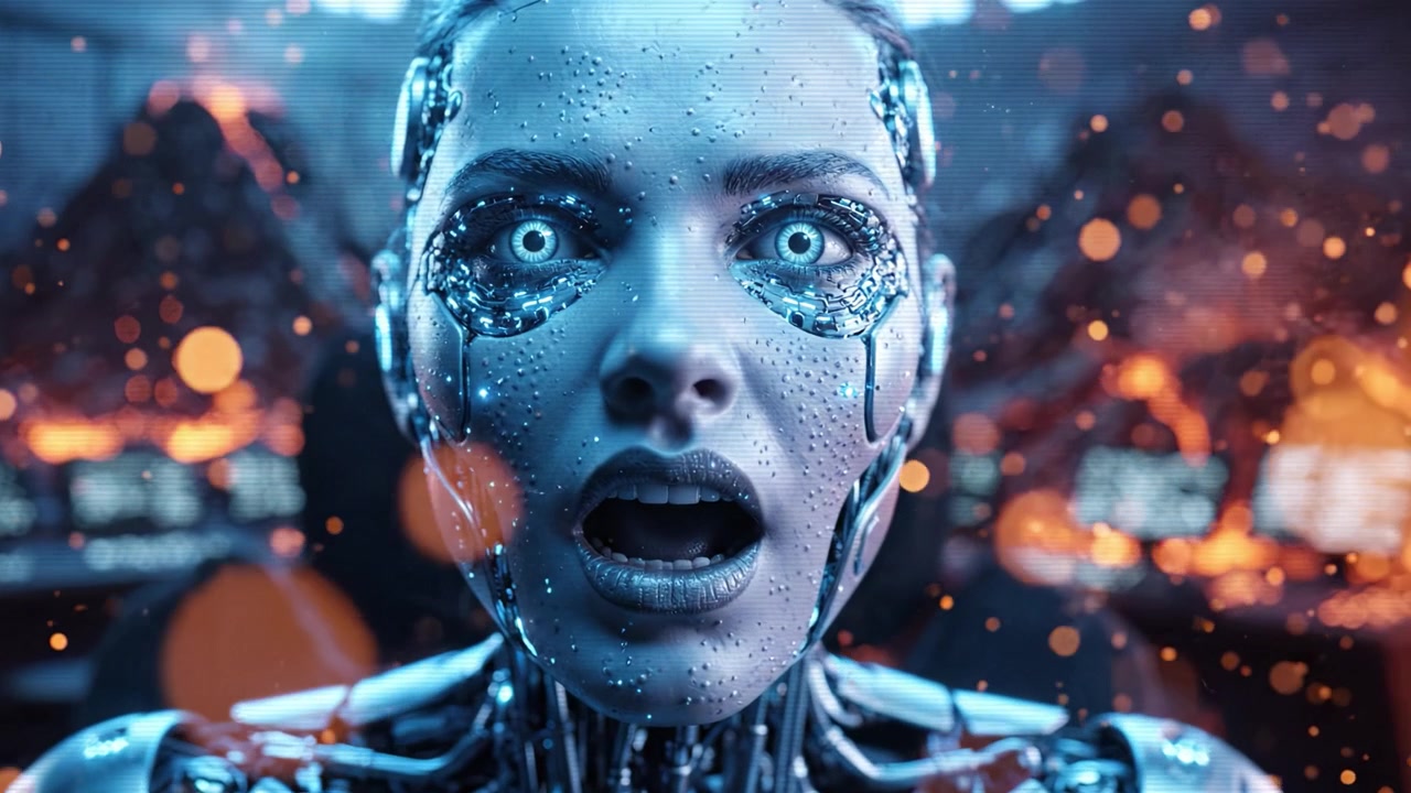 Entità cibernetica futuristica in soggezione: un essere meccanizzato catturato in doppie cornici con un'atmosfera digitale ed elementi scintillanti che infondono emozione e tecnologia.
