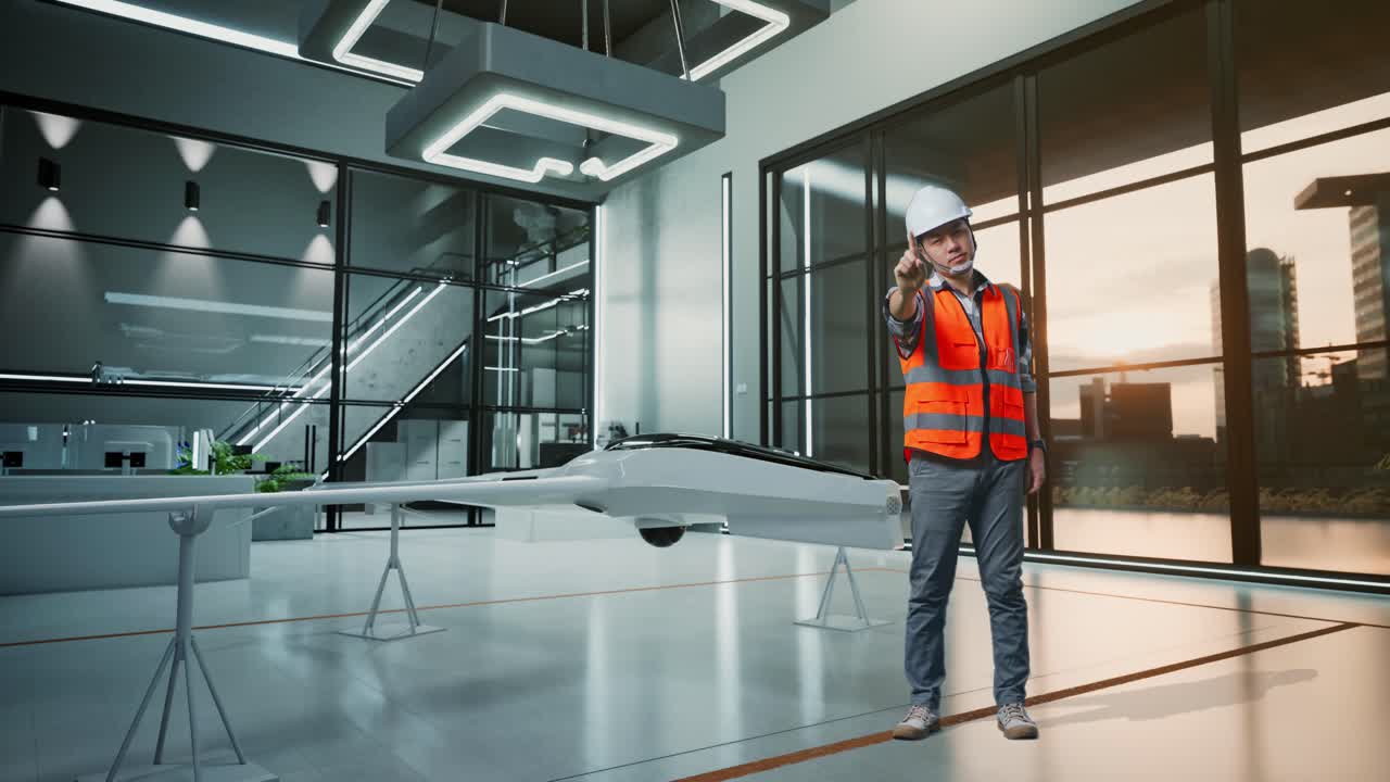 Figura intera di ingegnere asiatico con casco di sicurezza che disapprova con il dito indice mentre è in piedi con il progetto del drone