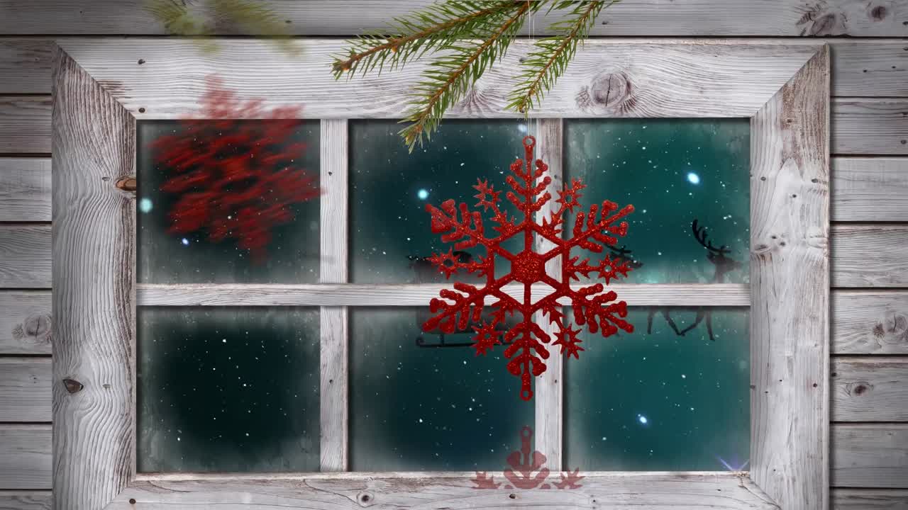 Animation af snefald over juledekoration og vindue med julemand og kane