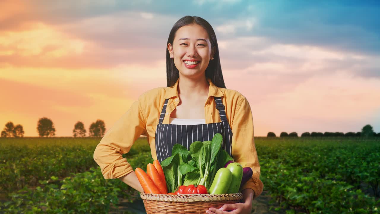 채소 바구니 를 들고 있는 여자 농부