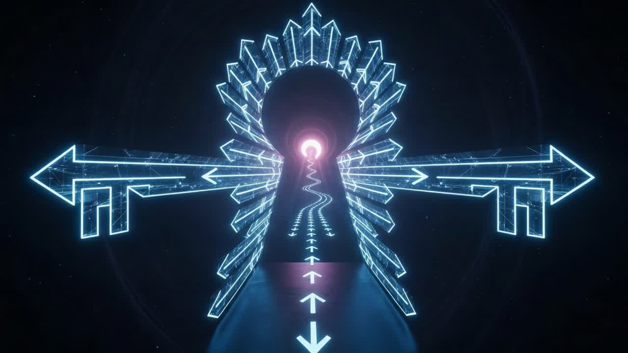 A Futuristic Portal Surrounded by Neon Arrows Leading Into a Digital Abyss: A Journey Through a Virtual Tunnel of Light and Direction