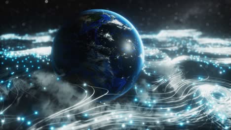 a rotating globe in optical fiber clouds transmitting signals throughout the universe in space. the concept of disseminating information in the world and space. seamless loop 3d render