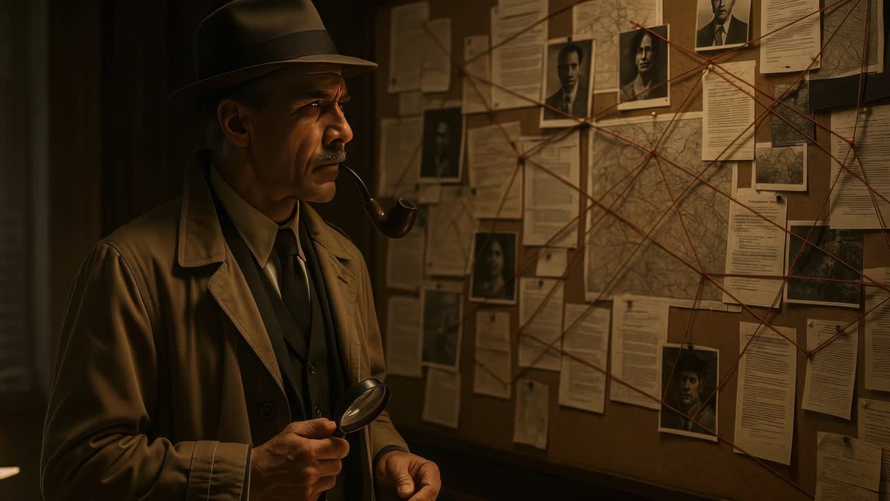 Detective in a trench coat examines a crime board with photos and notes