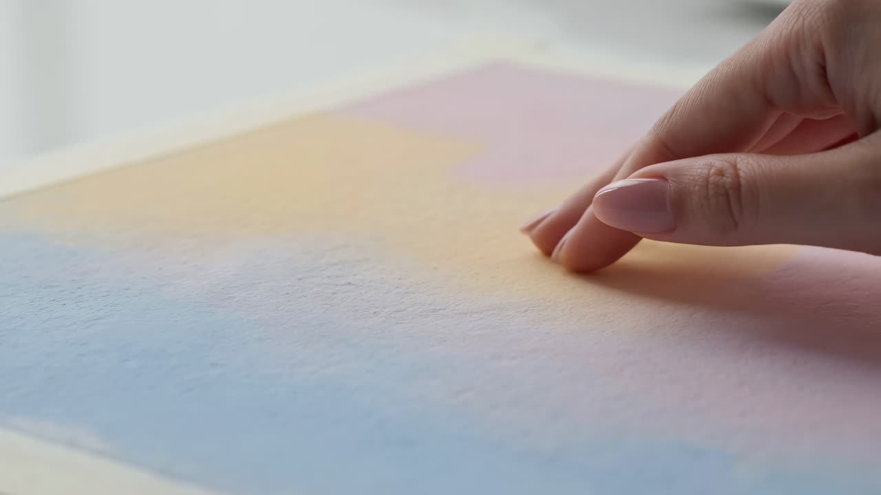 Yema del dedo deslizándose sobre una suave aguada de acuarela pastel en papel texturizado, cerca de la luz de una ventana, con una manicura sutil.