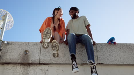 joke, fashion and wall with young couple hang out