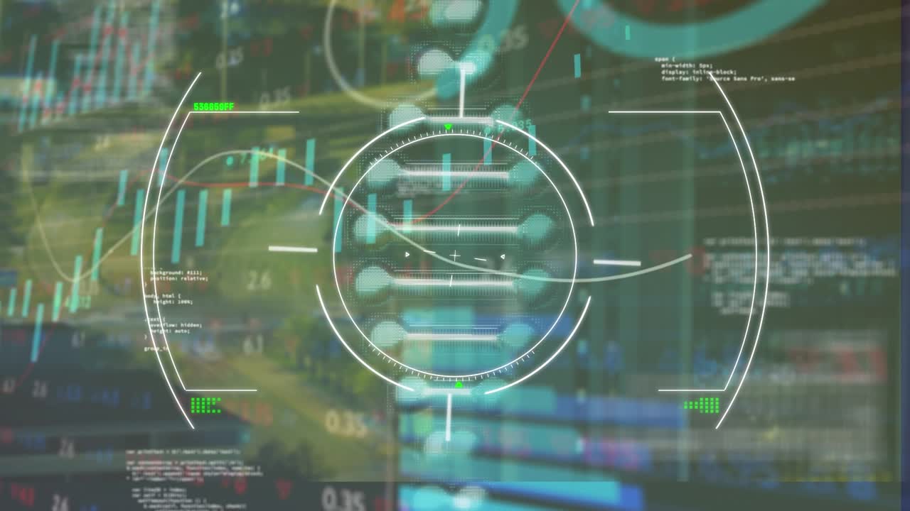 Animation of dna helix with circle, numbers and moving bar graph over programming language