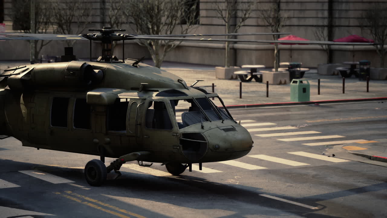 도시 거리에서 손상된 군사 헬리터