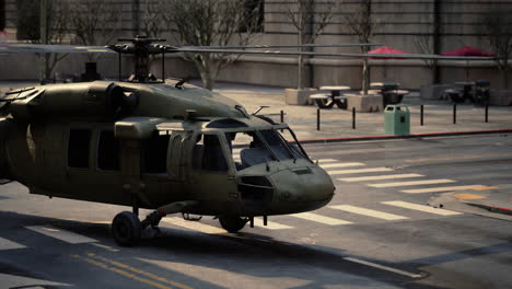 damaged military helicopter on city street