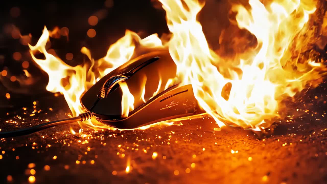 A computer mouse on fire on a black background