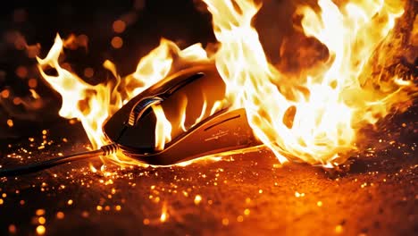 a computer mouse on fire on a black background