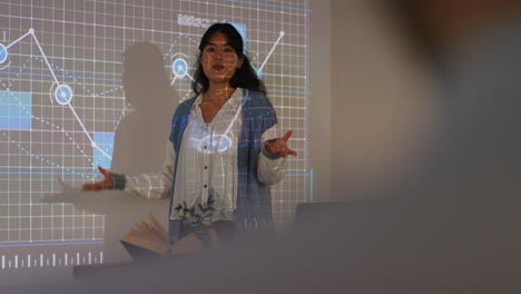 Female-Teacher-Giving-Maths-Or-Science-Lesson-In-College-Or-University-Standing-At-The-Front-Of-Class-With-Projection-Of-Graph-7