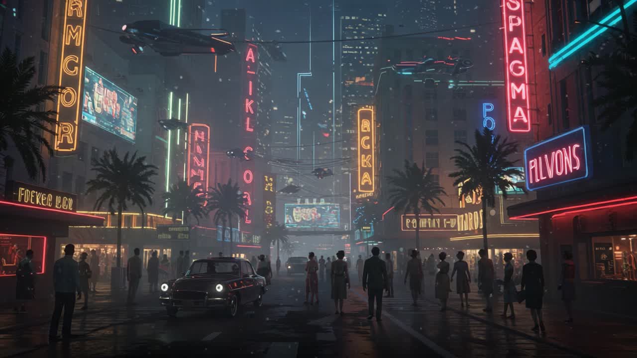 A Lively Night Scene in a Futuristic Urban Landscape Featuring Neon Lights, Hovering Vehicles, and Crowds of People on a Busy Street