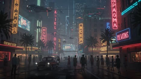 a lively night scene in a futuristic urban landscape featuring neon lights, hovering vehicles, and crowds of people on a busy street