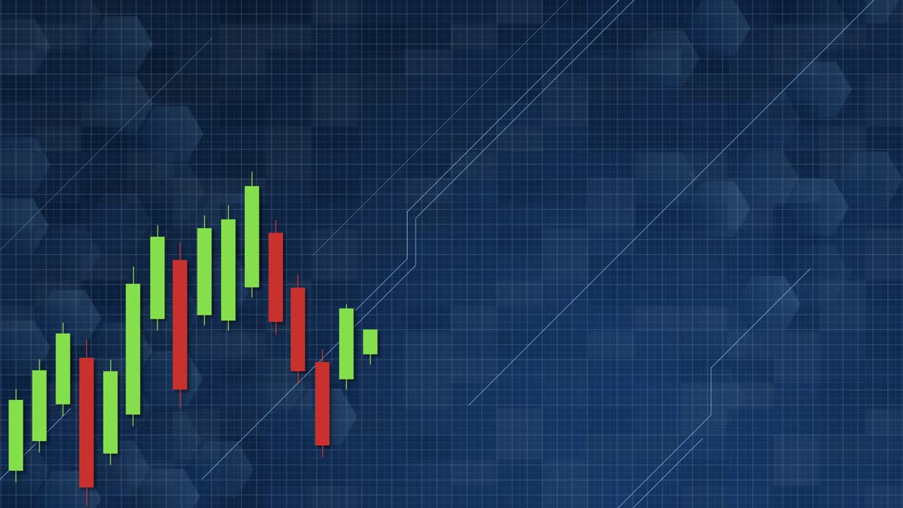 Animated candlestick chart showing a bullish trend with vibrant green and red bars on a textured blue grid background