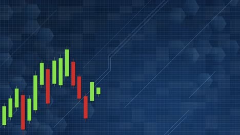 animated candlestick chart showing a bullish trend with vibrant green and red bars on a textured blue grid background