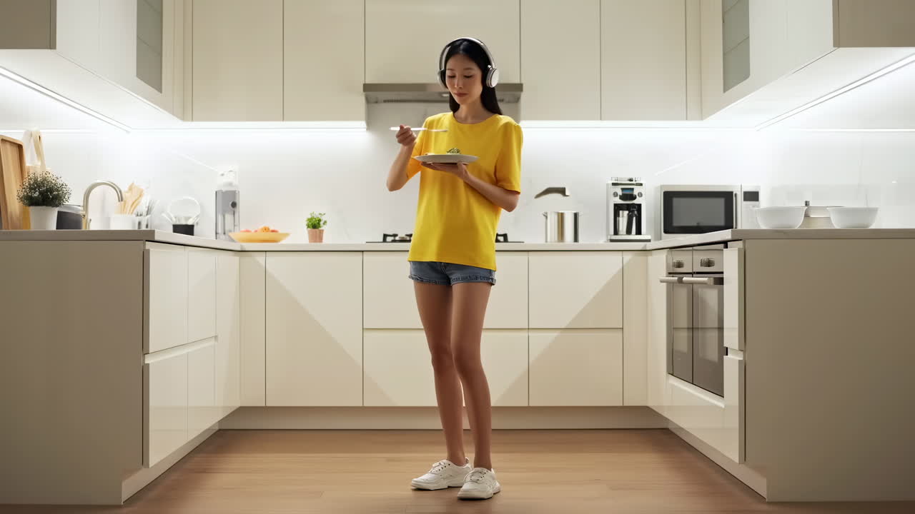 Giovane donna asiatica che mangia e ascolta musica in una cucina moderna