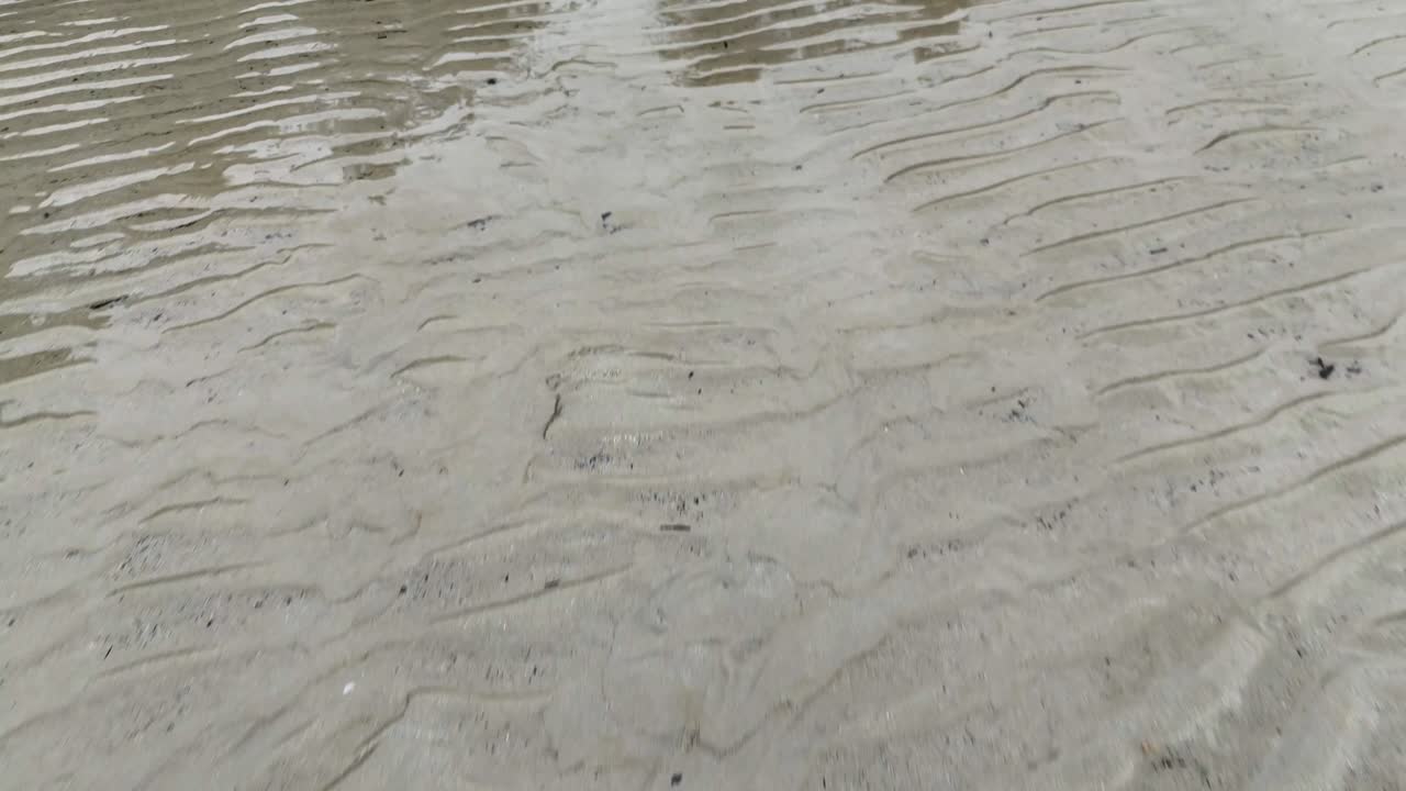 Shallow water flows over rippled sand, capturing natural textures and tranquil beach atmosphere