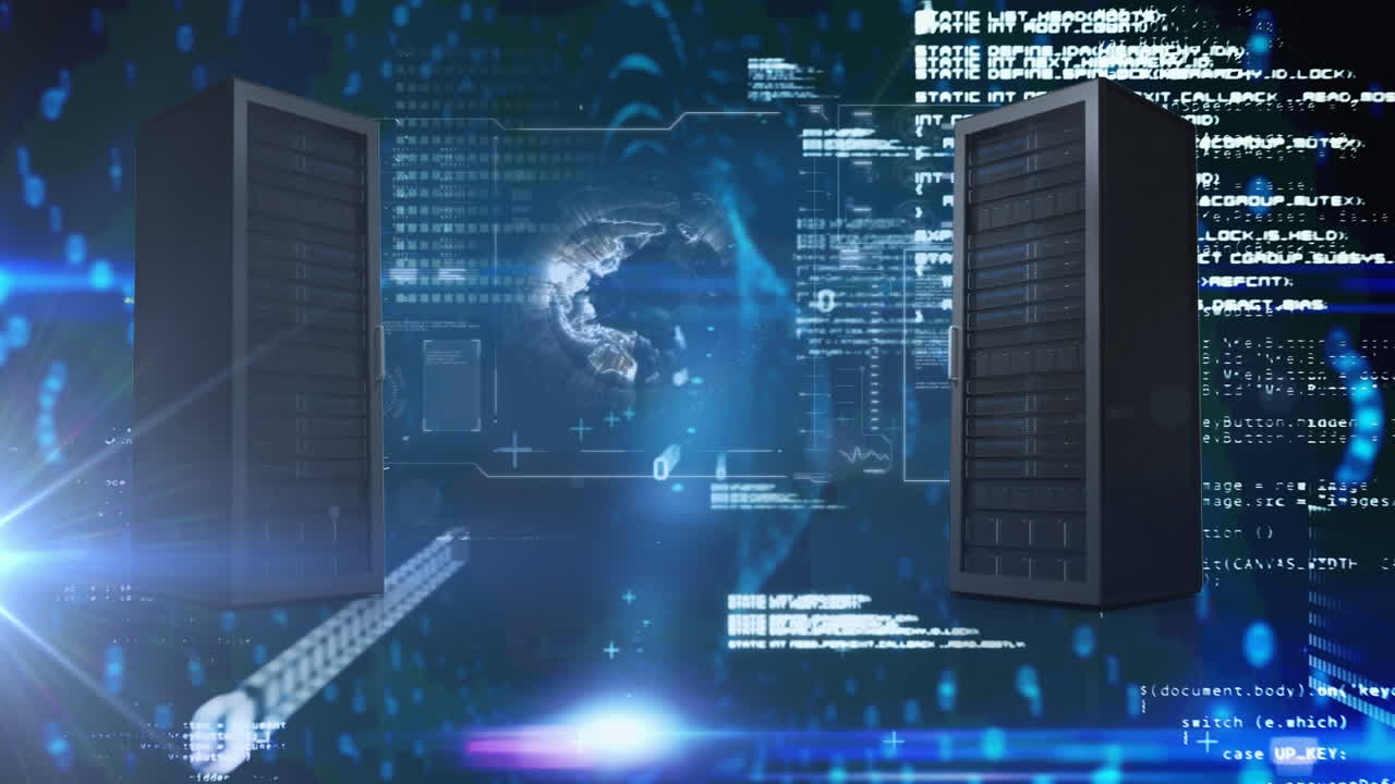 Animation of globe spinning and data processing with computer servers on blue background