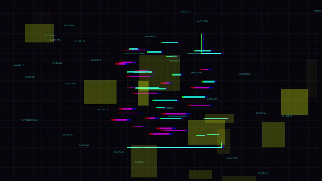 Digitale Datenvisualisierung mit abstrakten geometrischen Formen und hexadezimalen Codes
