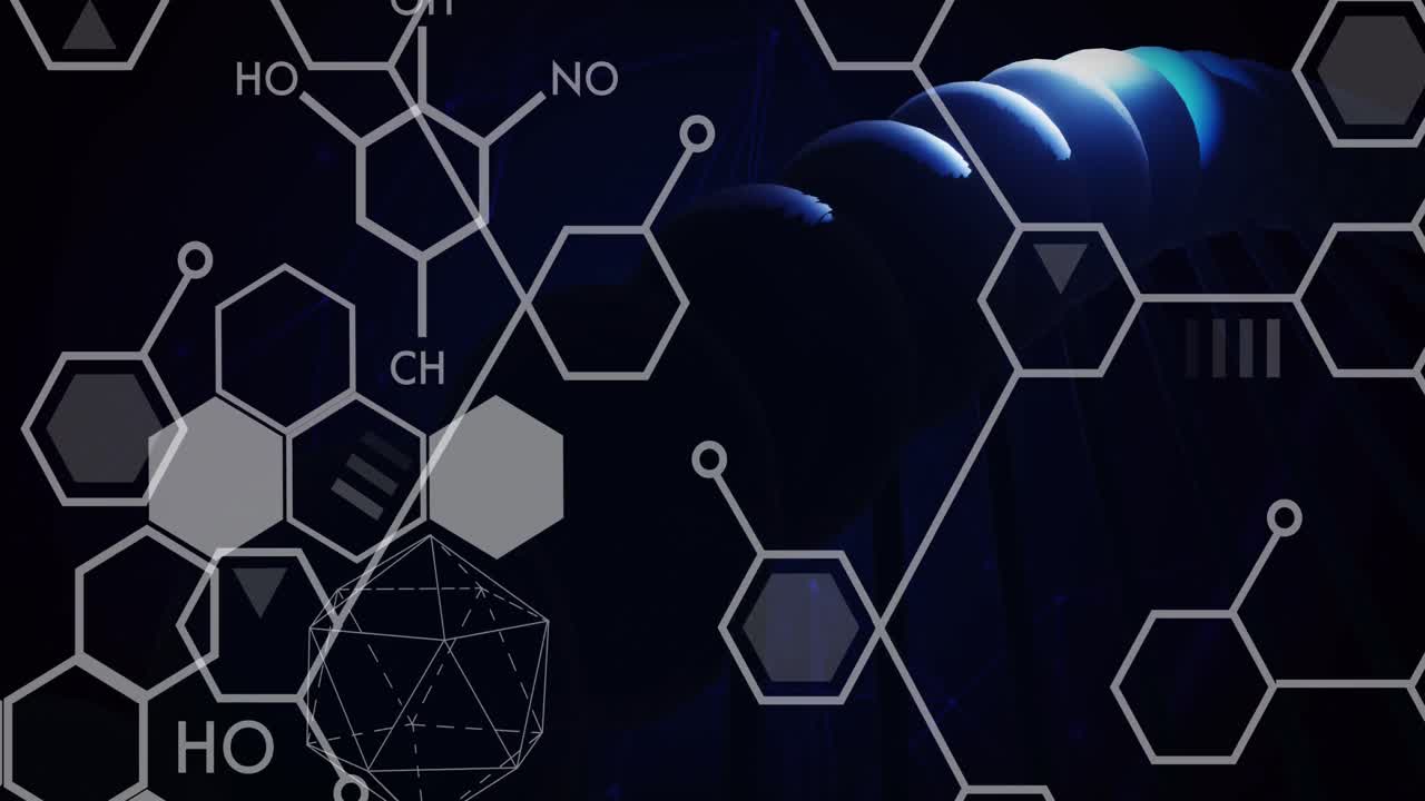 검은 바탕에 화학 공식을 회전하는 dna의 애니메이션