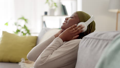 music, happy and woman relax with headphones