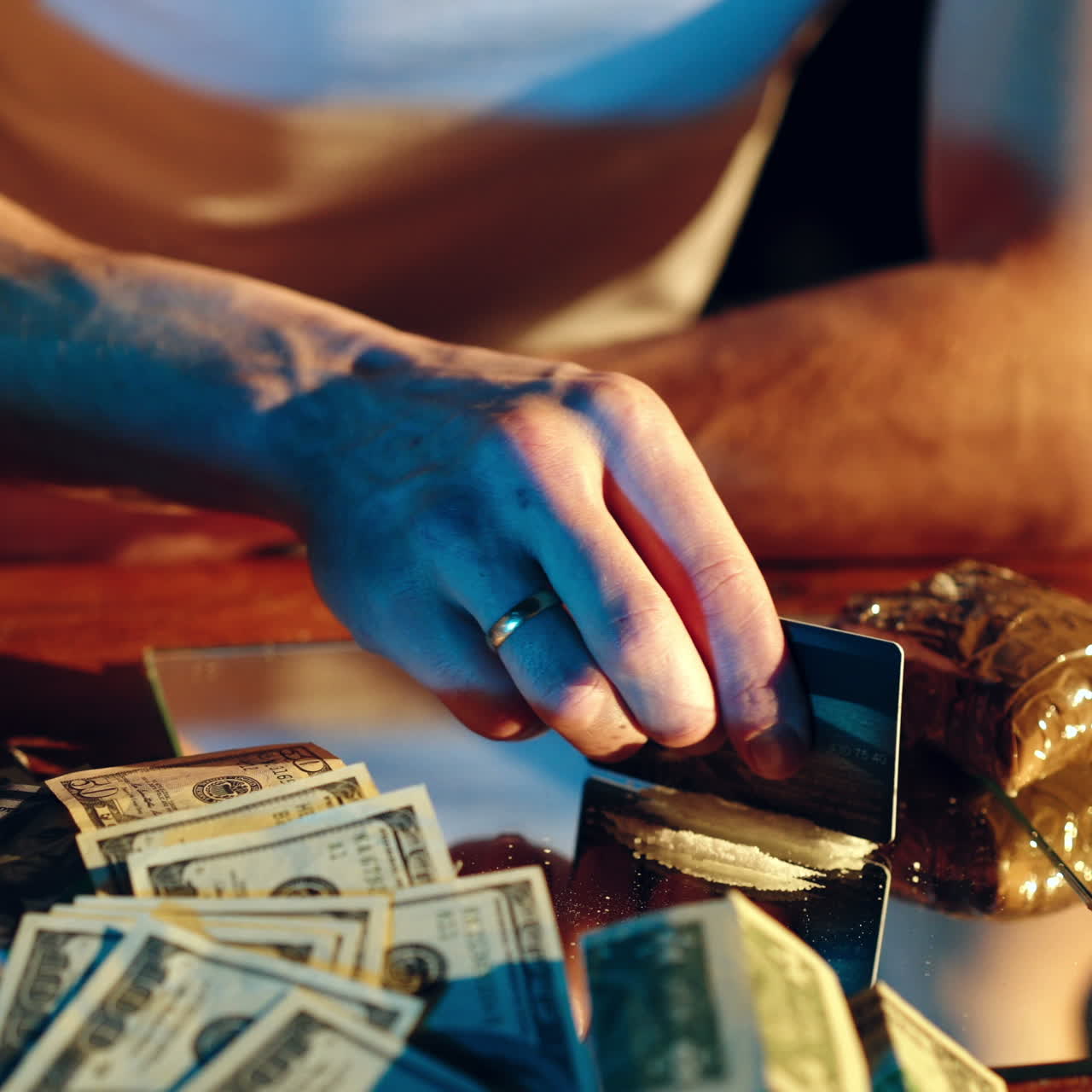 Drug addict preparing cocaine lines. Cocaine powder sorted. Square video