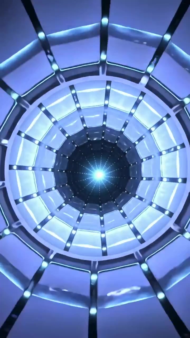 Vertikal video: Animeret 3D-tunnel bevæger sig indad mod et cyanfarvet centrum og skaber bevægelse i et gitter.