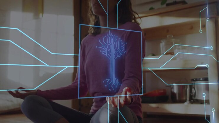 Woman meditating on red mat initiating health scan with neon circuit tree mapping energy flow