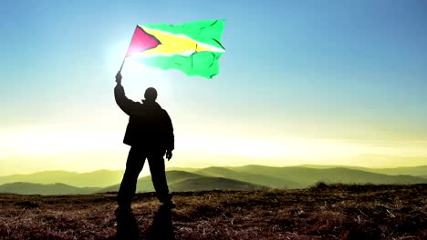 exitoso hombre silueta ganador agitando bandera de guyana en la parte superior del pico de la montaña. fondo de bucle cinemagraph