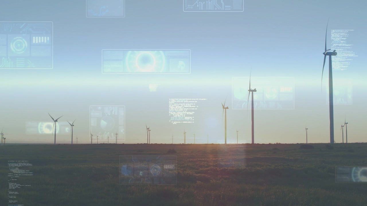 Wind turbines along horizon hosting floating HUD panels as timeline progressing showing energy data