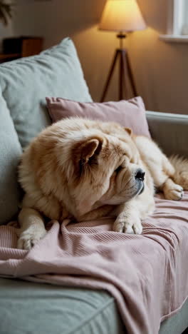 chow chow relaxing on a sofa