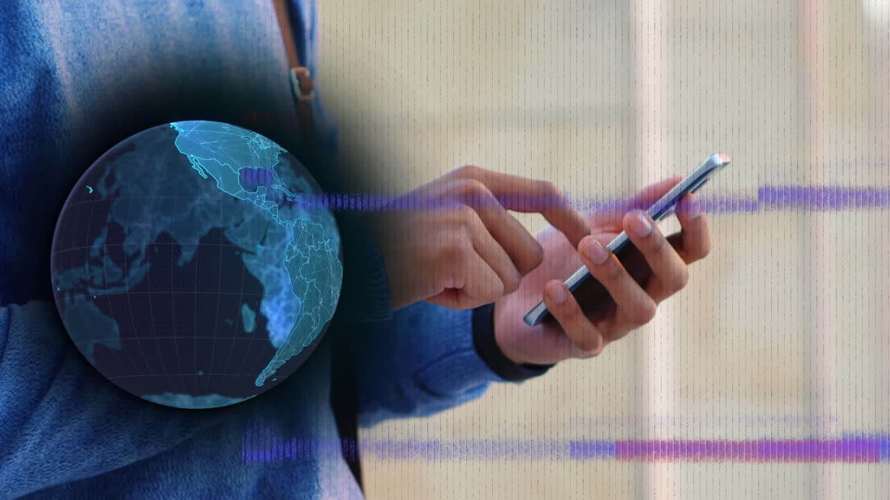 animación de glitch y globo sobre las manos de un hombre caucásico usando un teléfono inteligente