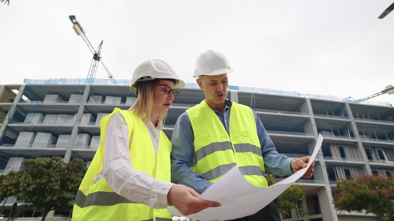 Construction Workers Reviewing Blueprints on Site