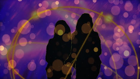 Colorful abstract light patterns forming silhouettes of two people in animation