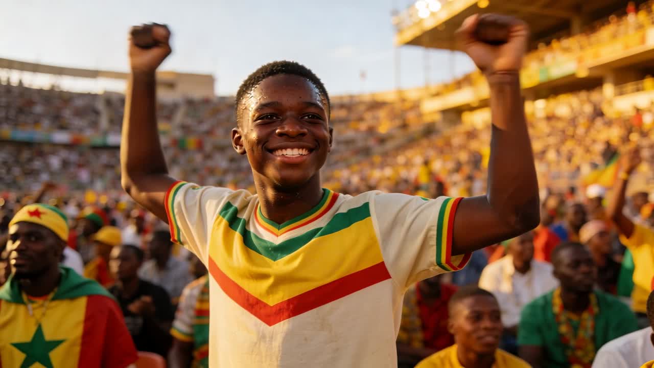 Jubelnder Teenager-Fan reckt die Fäuste in der Arena nach einem Tor auf dem Spielfeld, trägt ein Chevron-Shirt, Fahnen wehen.