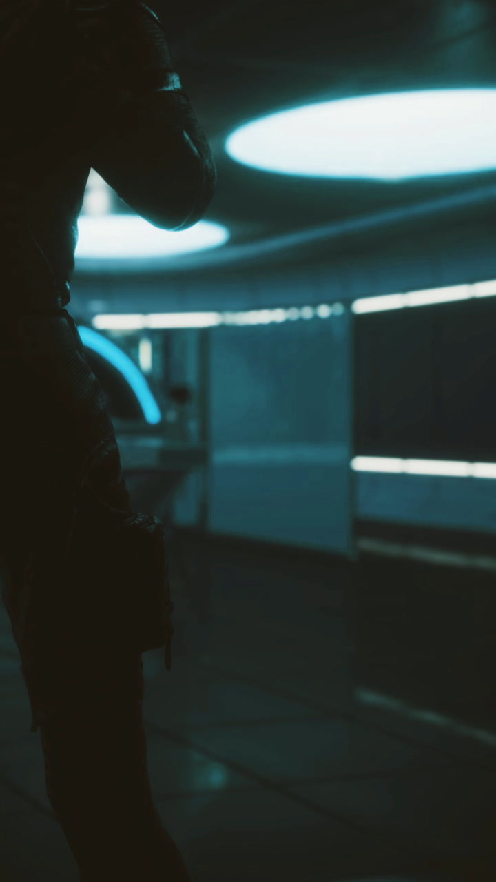 Dynamic figure in a dark corridor with striking blue lighting at night