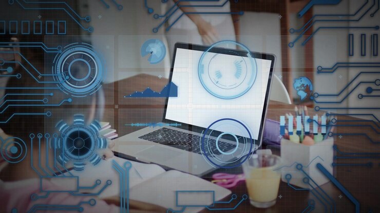 Child wearing headphones learning, HUD fading in over scene while caregiver passing behind laptop