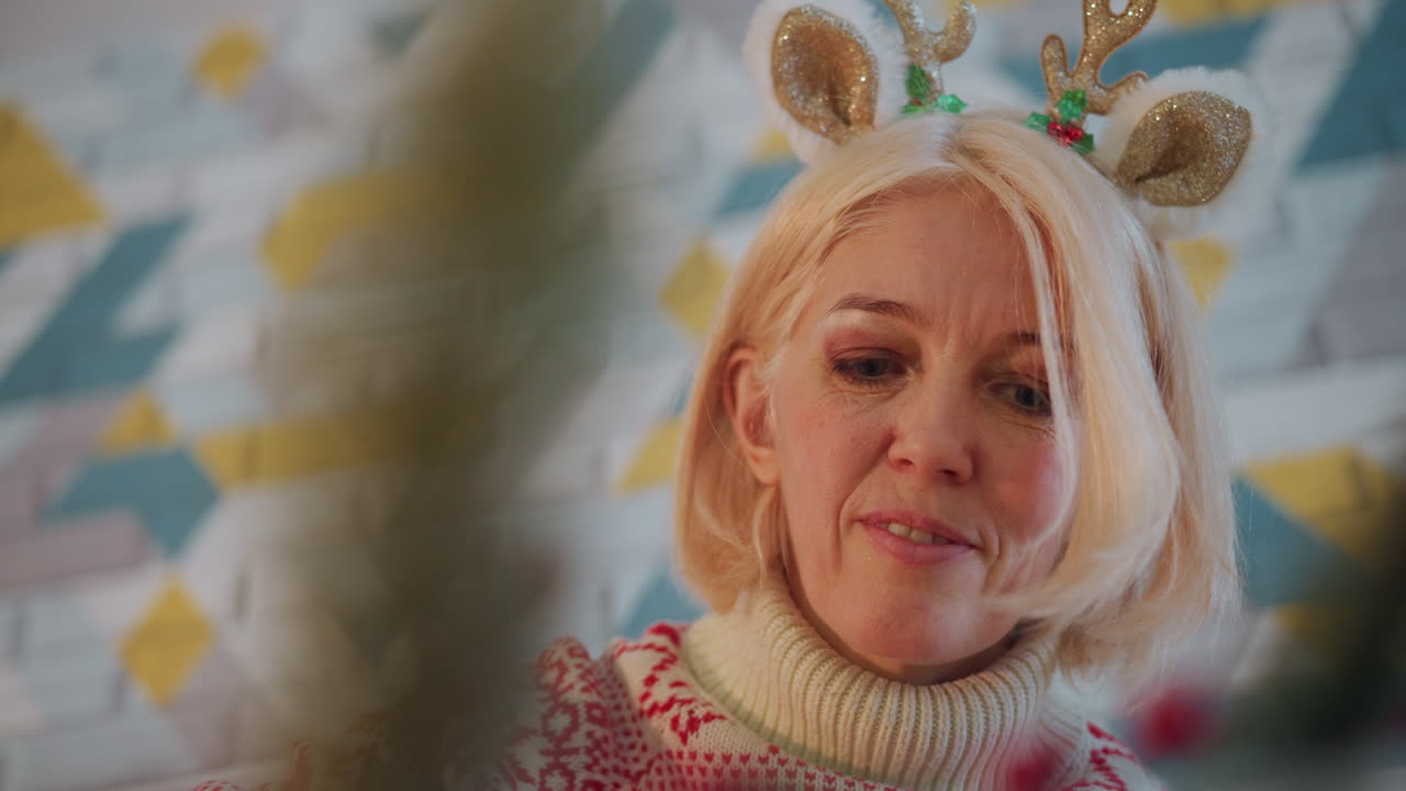 Kvinde pakker julegave ind nær træ, nærbillede af moden bedstemor med glitrende rensdyrgevir-hårbøjle og fair isle-sweater, sløret fyrregren i forgrunden, mildt smil og varme.