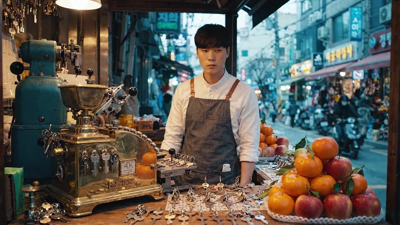 一个别致的街头小贩在熙熙攘攘的市场中展示着鲜艳的水果和一台老式咖啡机，在人群中捕捉着城市生活和商业的精髓。