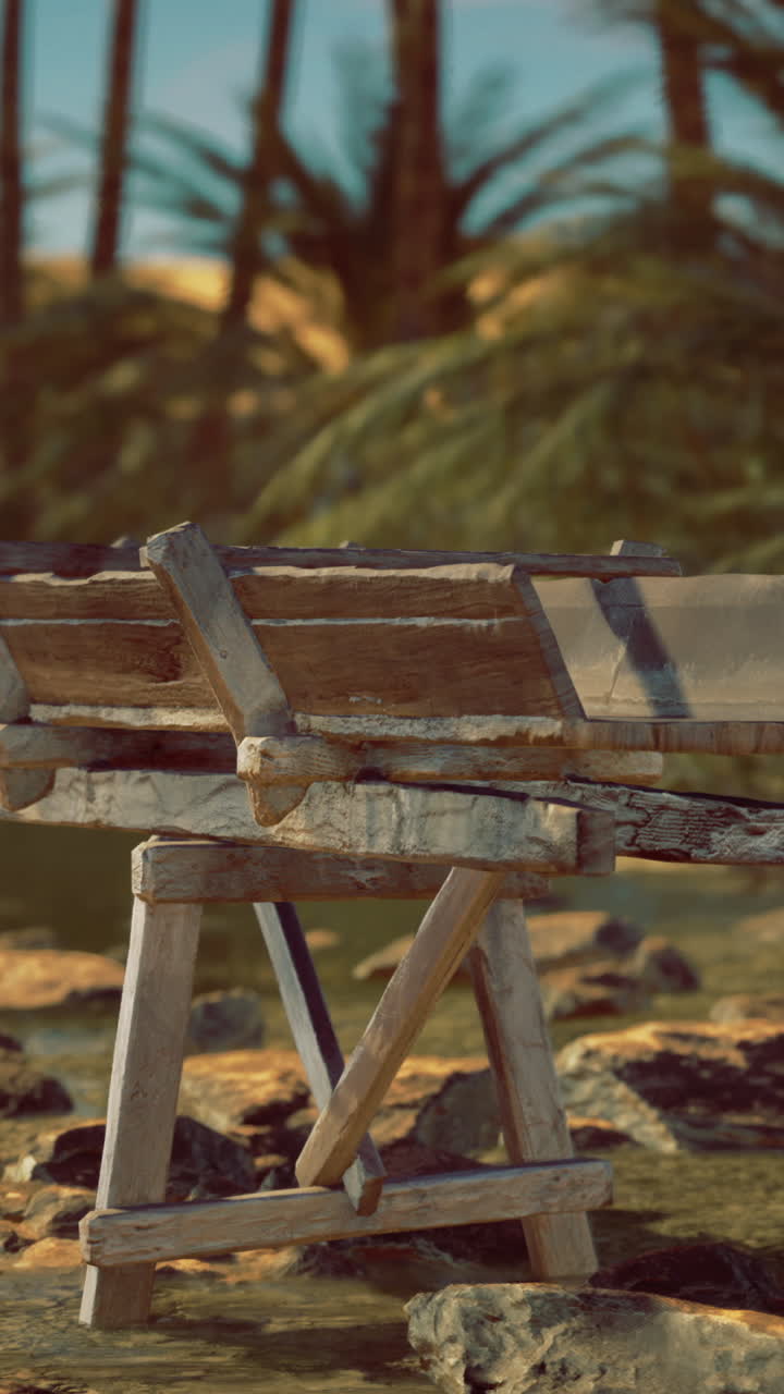 Wooden bench near a tranquil water body surrounded by palms at sunset