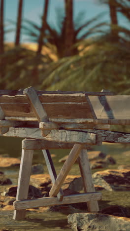 wooden bench near a tranquil water body surrounded by palms at sunset