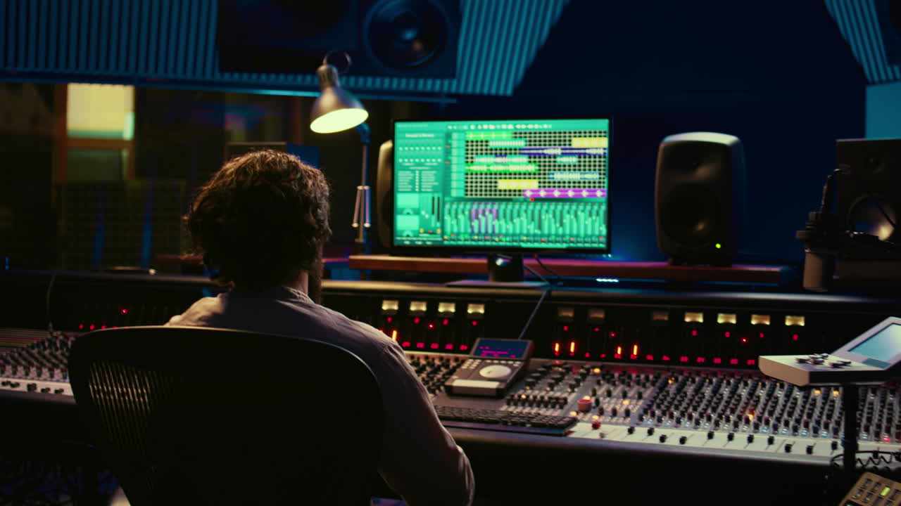 Sound engineer counting down for artist in vocal booth to start singing