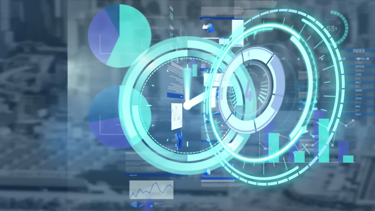 Animation of scope scanning and financial data processing over cityscape
