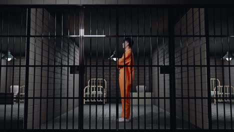 full body side view of asian male prisoner in broken handcuffs standing in prison, raising head, crossing his arms