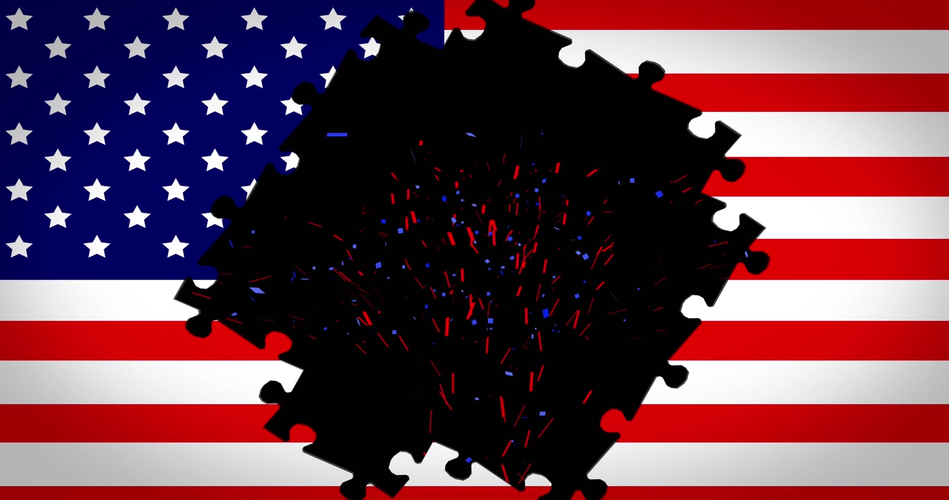 Animation of fireworks and puzzle piece over flag of usa