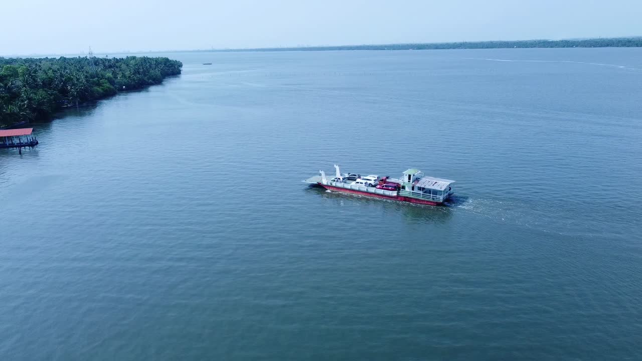 Transportation of small vehicles from one island to another. areal view of beautiful lake.