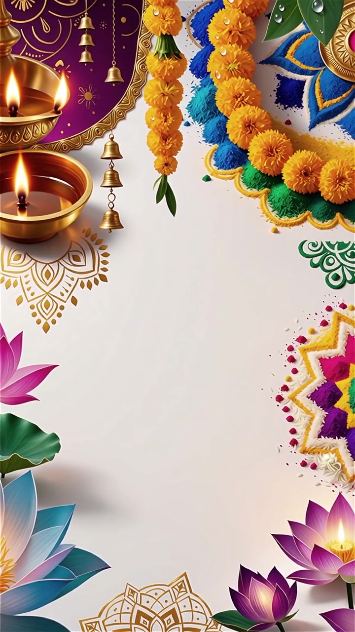 Sfondo Diwali con Diyas luminosi, Rangoli e fiori di loto