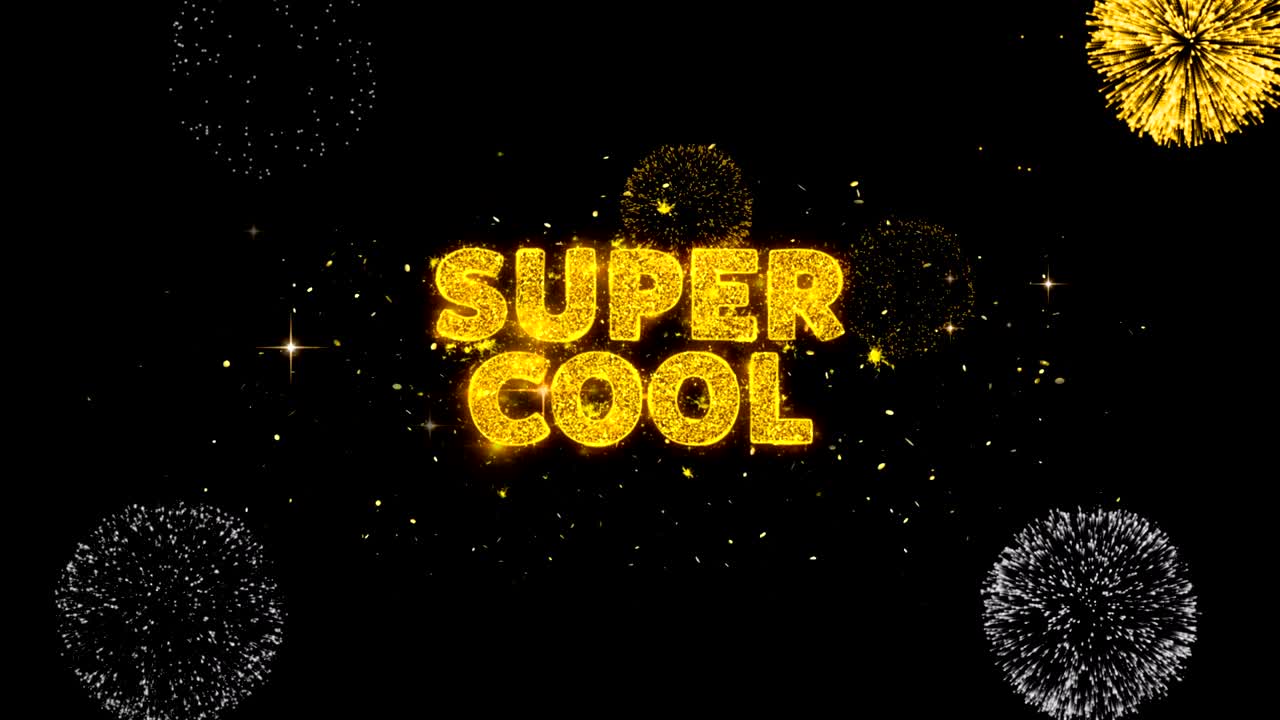 멋진 텍스트는 반이는 황금 입자 불꽃놀이에 나타납니다.