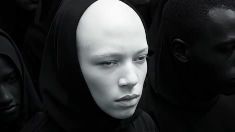 un grupo de personas con máscaras blancas y negras