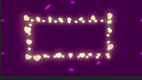 Animation-of-circle-of-glowing-heart-christmas-fairy-lights-and-pink-lines-and-circles,-on-black